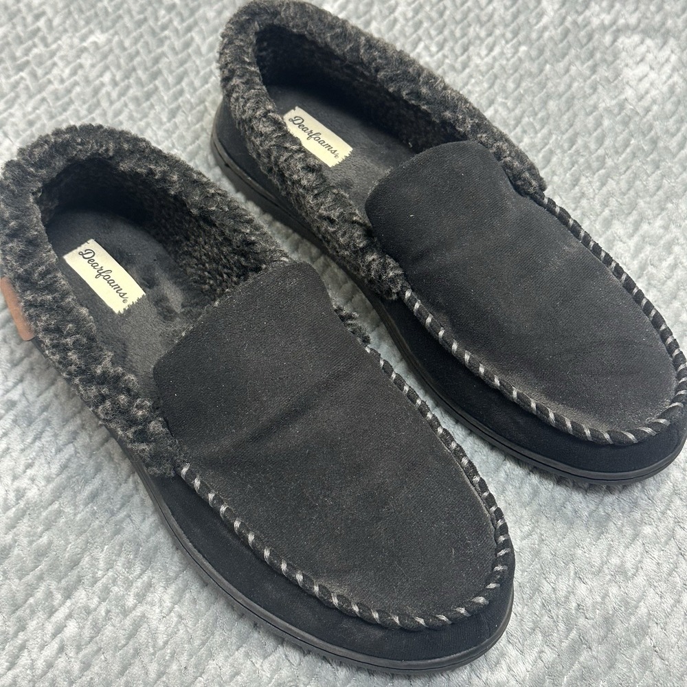 Dearfoams Mens Moccasin Slippers Black Large Size 11-12 Comfort Indoor Outdoor